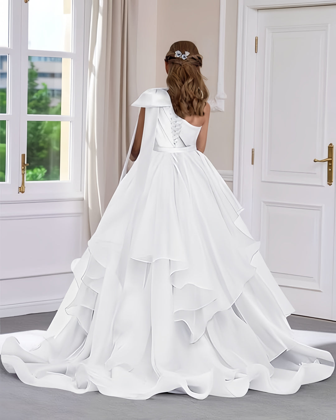 TinyTulle White One-Shoulder Tiered Tulle Flower Girl Gown for Weddings &amp; Special Occasions
