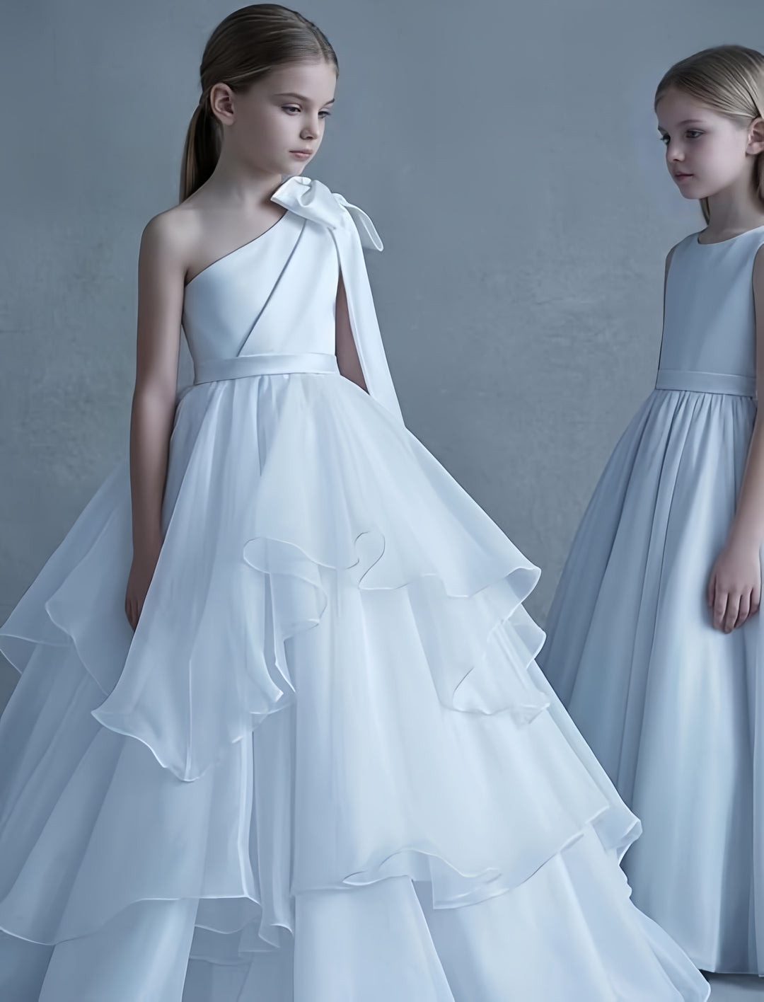 TinyTulle White One-Shoulder Tiered Tulle Flower Girl Gown for Weddings &amp; Special Occasions