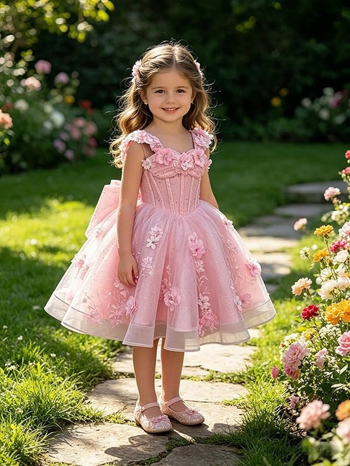 TinyTulle Exquisite 3D Floral Lace Appliqué Flower Girl Dress with Oversized Bow