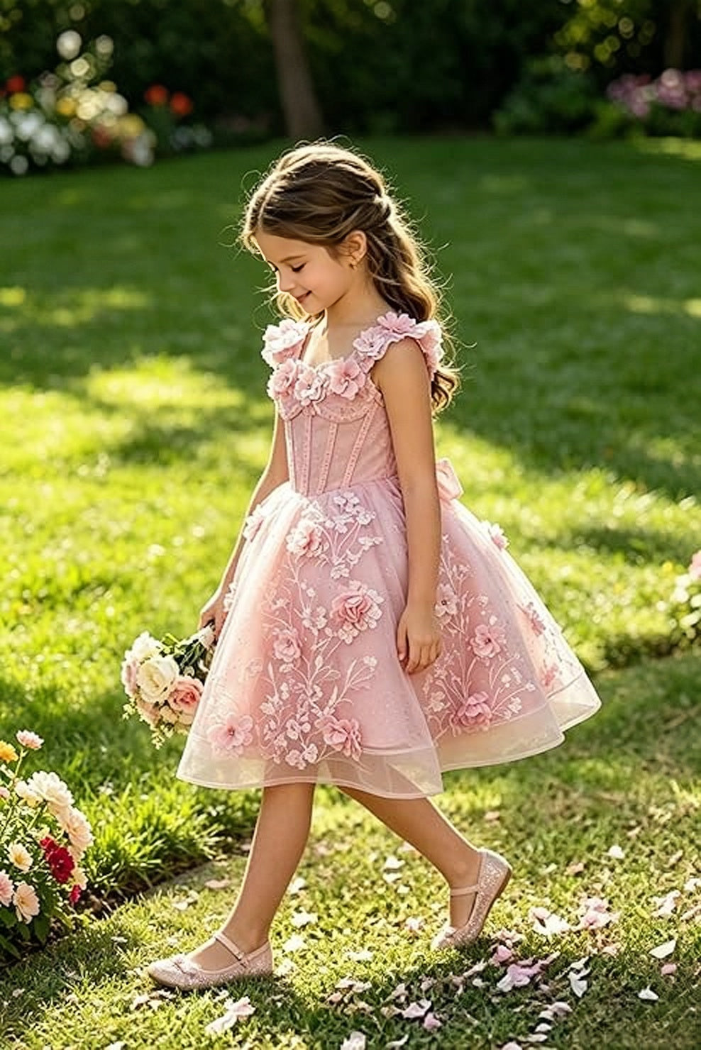 TinyTulle Exquisite 3D Floral Lace Appliqué Flower Girl Dress with Oversized Bow