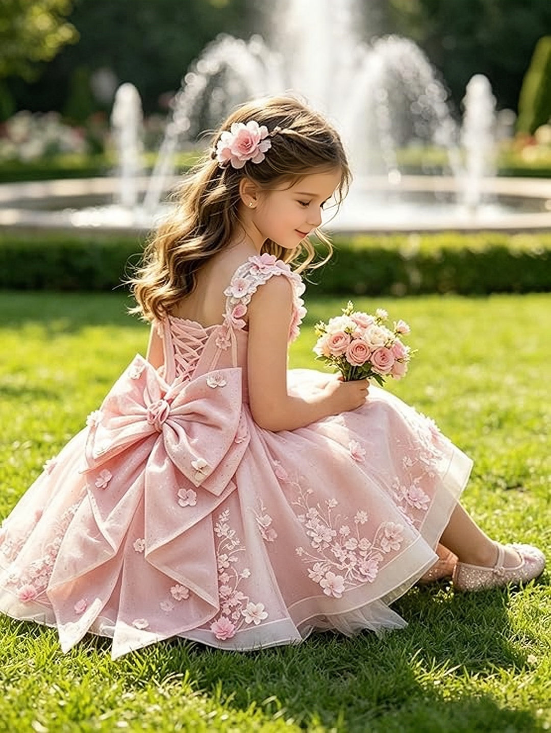 TinyTulle Exquisite 3D Floral Lace Appliqué Flower Girl Dress with Oversized Bow