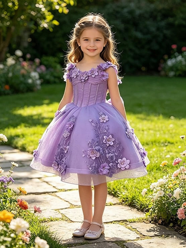 TinyTulle Exquisite 3D Floral Lace Appliqué Flower Girl Dress with Oversized Bow