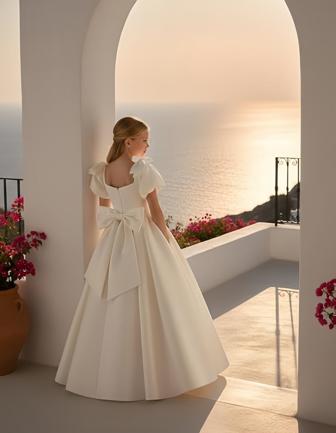 TinyTulle Satin Flower Girl Dress with Bow Shoulder and Puff Sleeves for Weddings