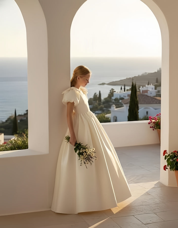 TinyTulle Satin Flower Girl Dress with Bow Shoulder and Puff Sleeves for Weddings