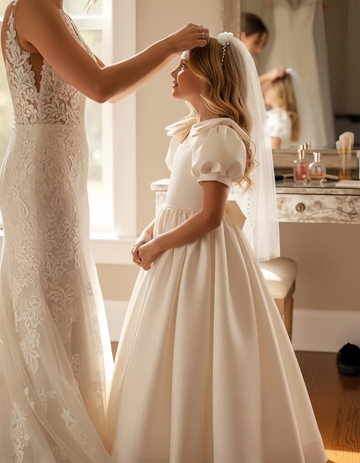 TinyTulle Satin Flower Girl Dress with Bow Shoulder and Puff Sleeves for Weddings