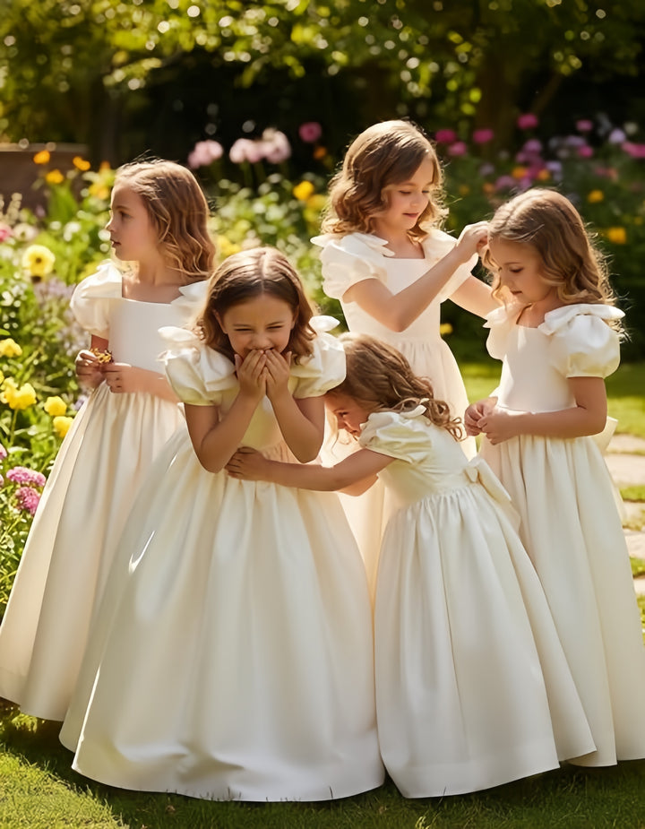 TinyTulle Satin Flower Girl Dress with Bow Shoulder and Puff Sleeves for Weddings