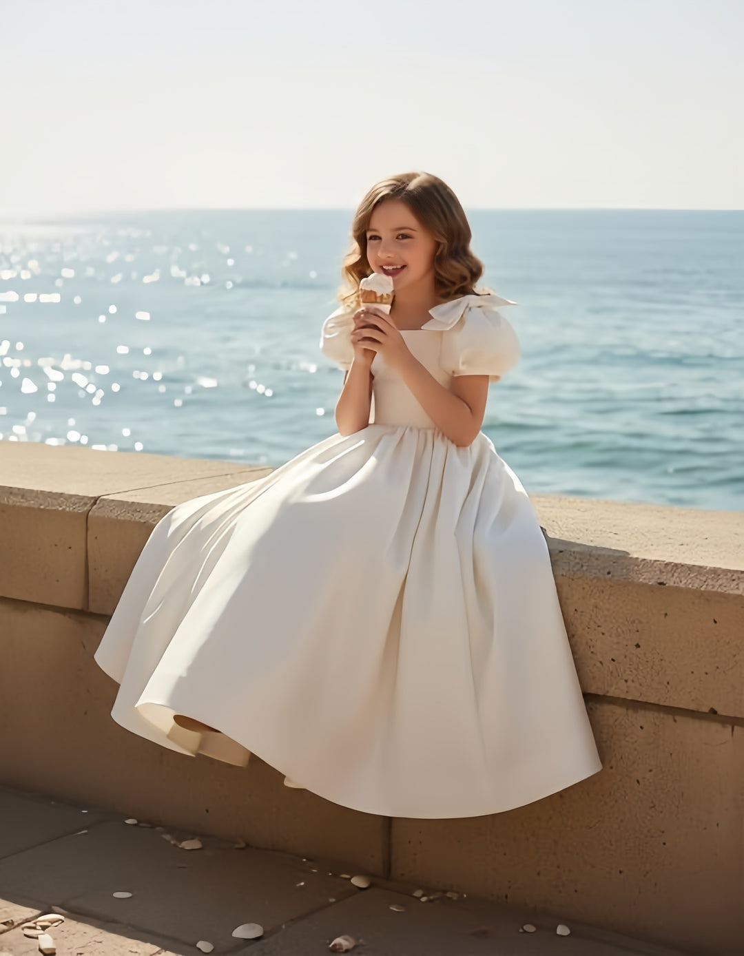 TinyTulle Satin Flower Girl Dress with Bow Shoulder and Puff Sleeves for Weddings