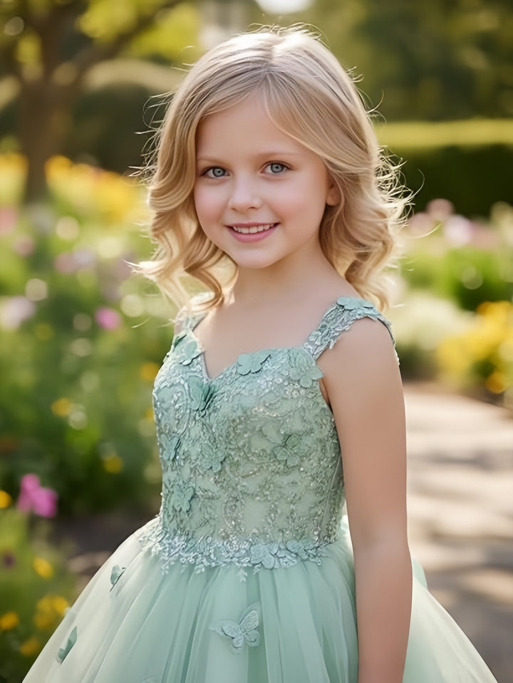 TinyTulle Mint Green Butterfly Flower Girl Dress Lace Tulle Princess Ball Gown