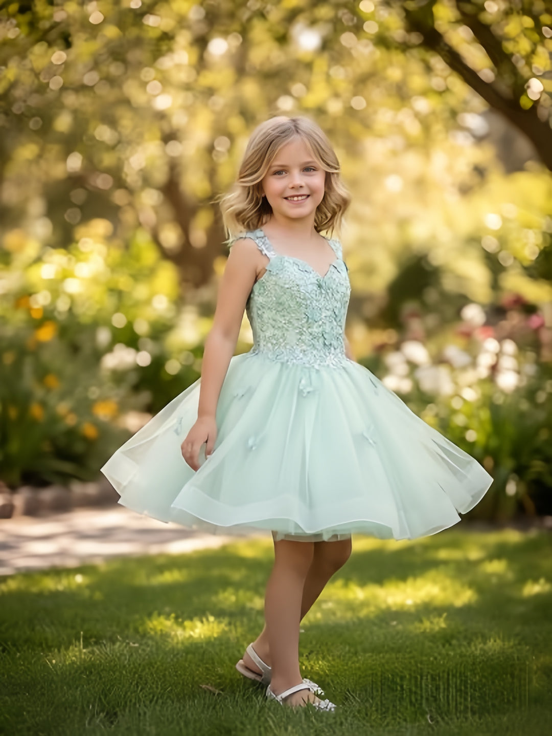 TinyTulle Mint Green Butterfly Flower Girl Dress Lace Tulle Princess Ball Gown