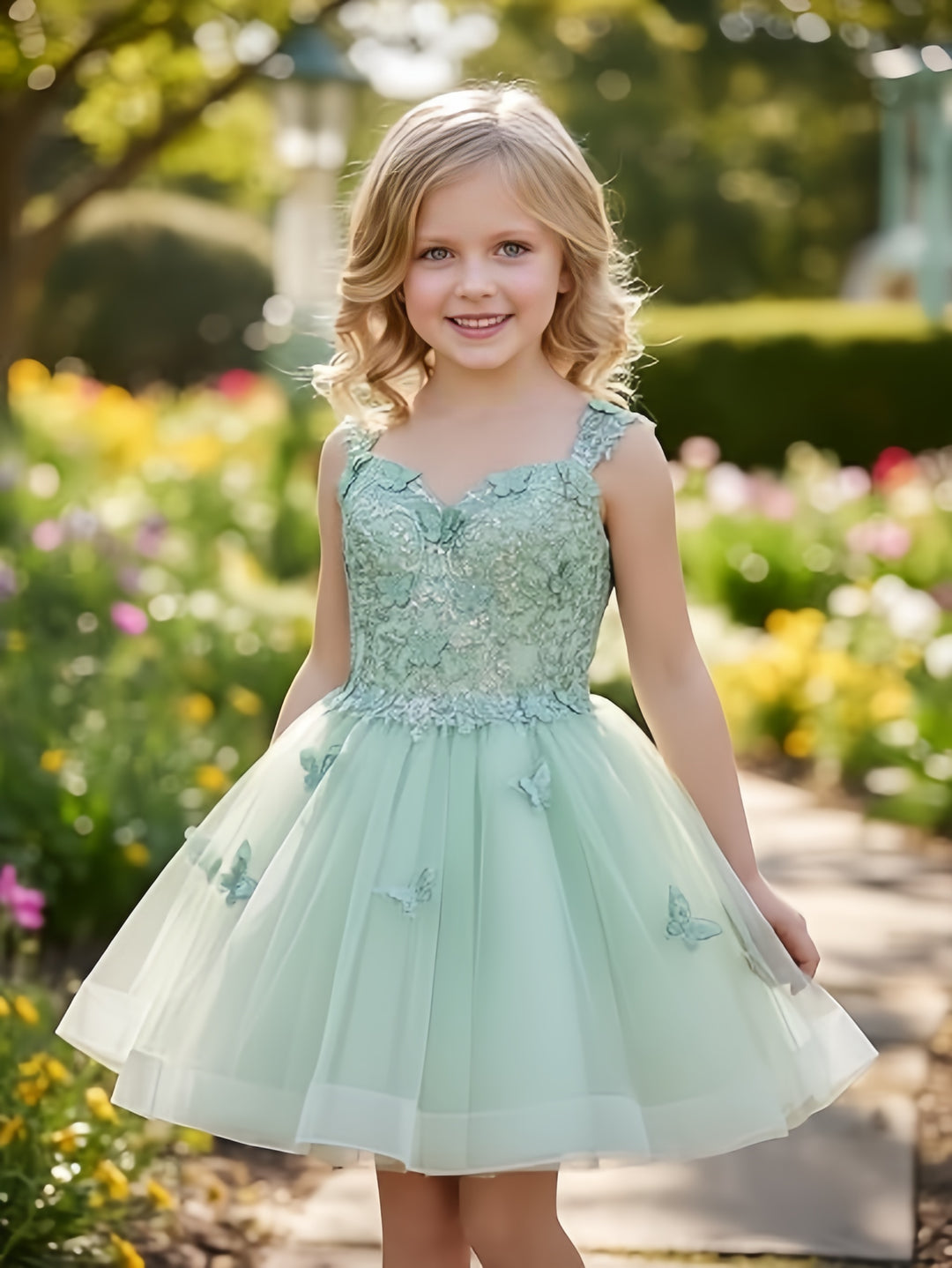 TinyTulle Mint Green Butterfly Flower Girl Dress Lace Tulle Princess Ball Gown