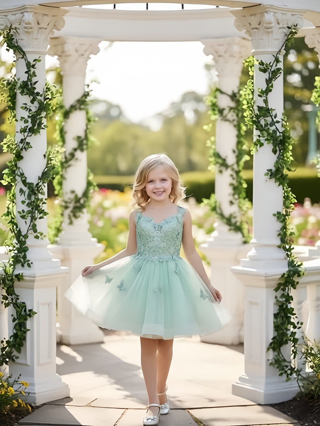 TinyTulle Mint Green Butterfly Flower Girl Dress Lace Tulle Princess Ball Gown