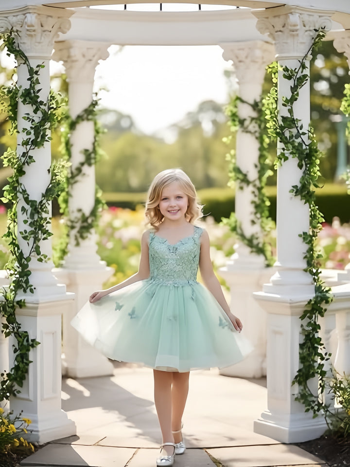 TinyTulle Mint Green Butterfly Flower Girl Dress Lace Tulle Princess Ball Gown
