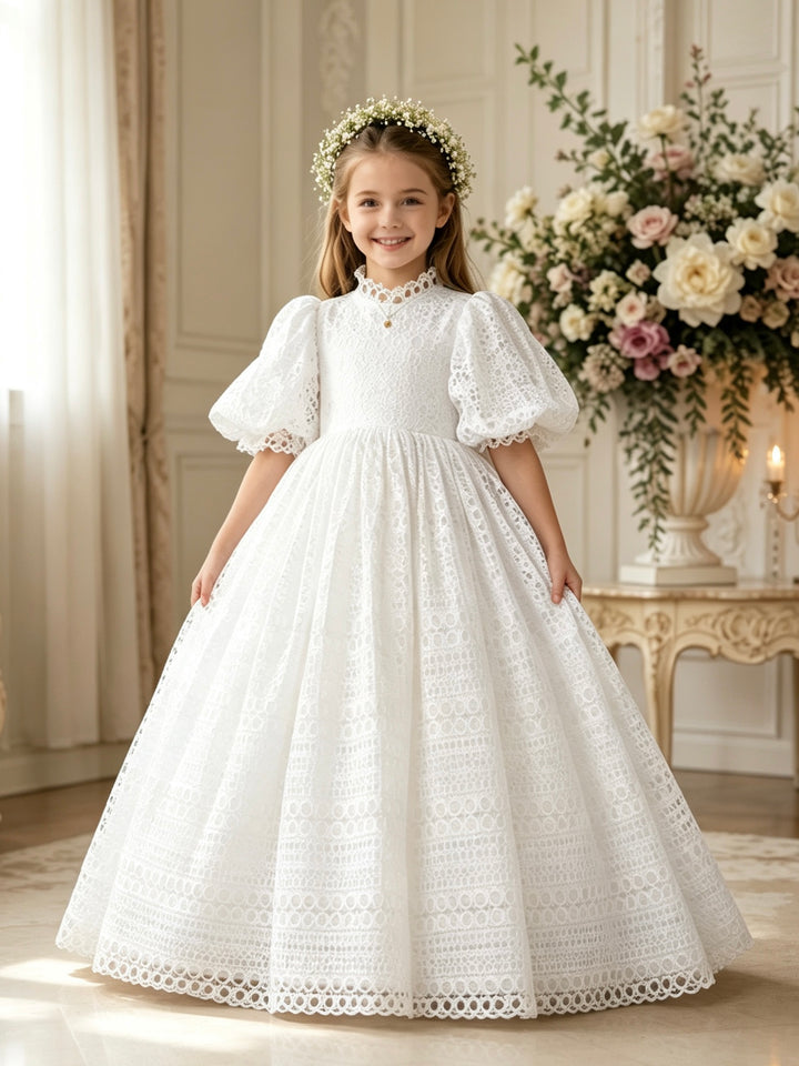 TinyTulle Vintage White High Waist Lace Puff Sleeve Ball Gown Flower Girl Dress