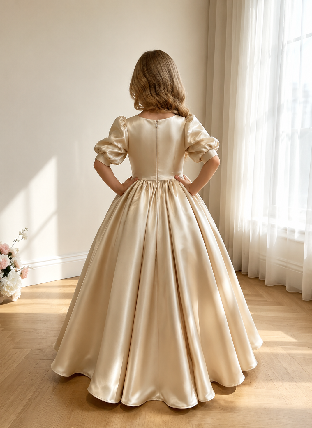 TinyTulle Elegant Champagne Satin Puff Sleeve Flower Girl Dress with Gathered Waist