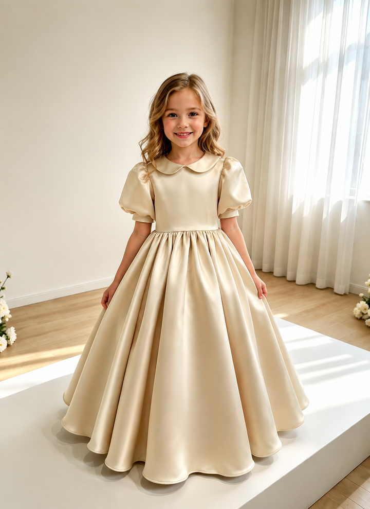 TinyTulle Elegant Champagne Satin Puff Sleeve Flower Girl Dress with Gathered Waist