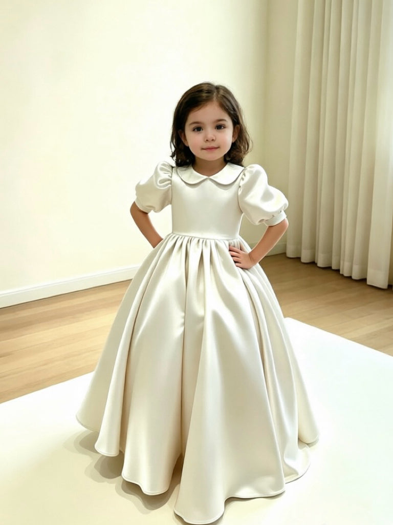 TinyTulle Elegant Champagne Satin Puff Sleeve Flower Girl Dress with Gathered Waist