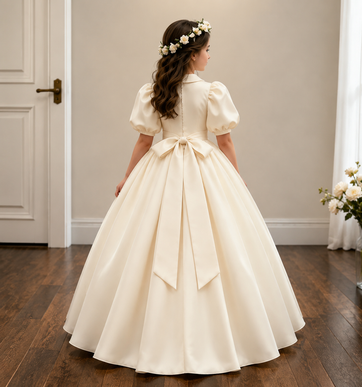TinyTulle Elegant Ivory Puff Sleeves Ball Gown Flower Girl Dress for Wedding