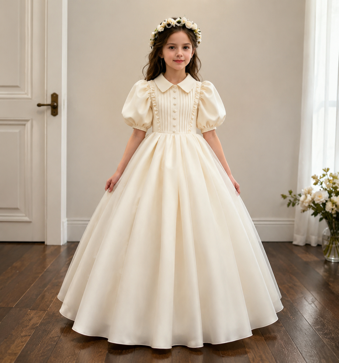 TinyTulle Elegant Ivory Puff Sleeves Ball Gown Flower Girl Dress for Wedding