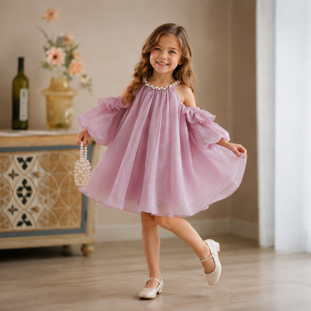 TinyTulle Elegant Pink Ruffled Puff Sleeves Princess Baby Girl Dress with Pearls
