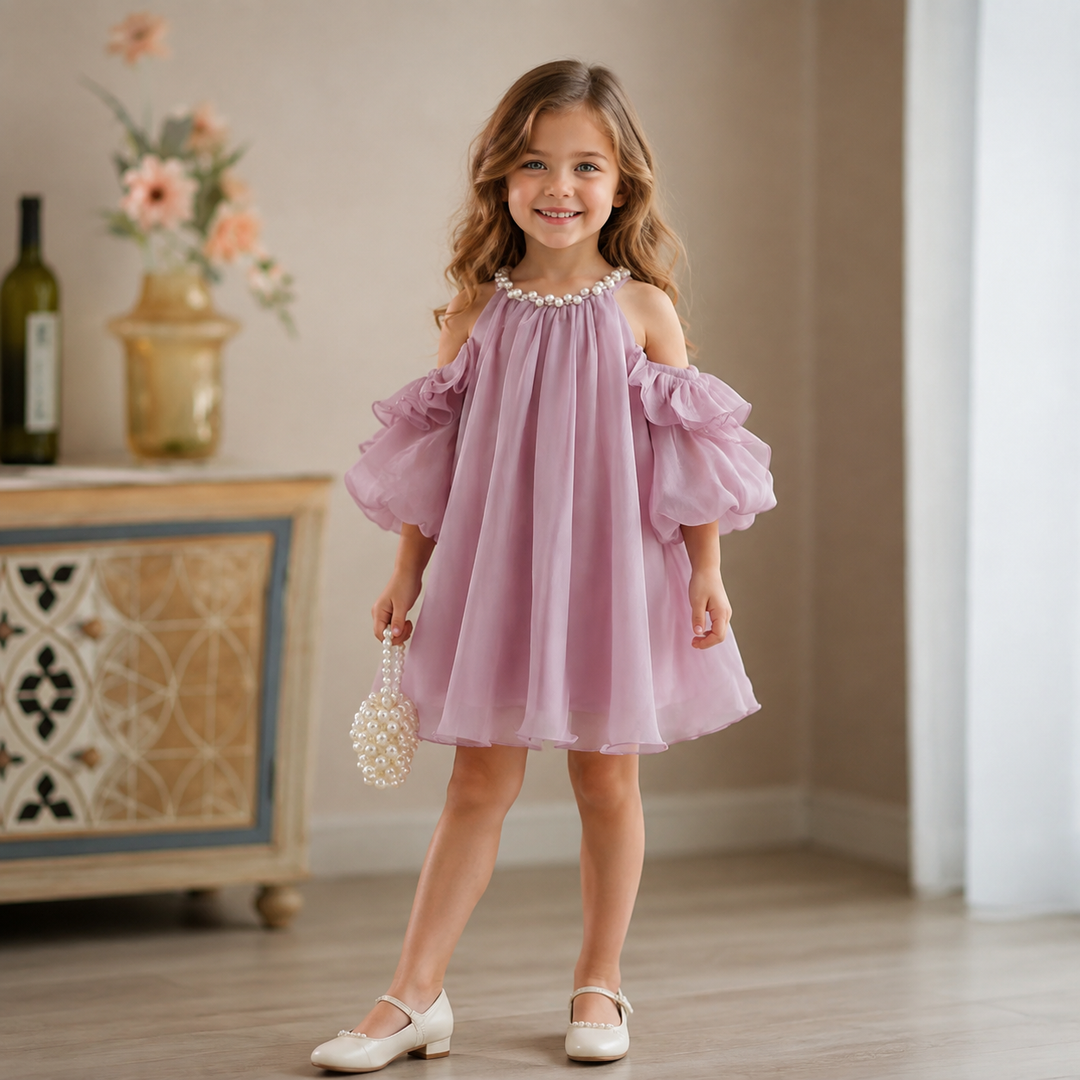 TinyTulle Elegant Pink Ruffled Puff Sleeves Princess Baby Girl Dress with Pearls
