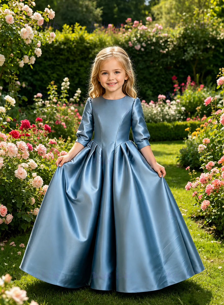 TinyTulle Elegant Dusty Blue Satin 3/4 Sleeve Floor-Length Flower Girl Dress with Full Skirt