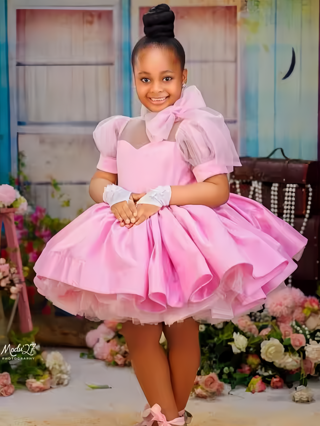 TinyTulle Pink Satin Sheer Sweetheart Princess Flower Girl Dress with Layered Tulle &amp; Bow