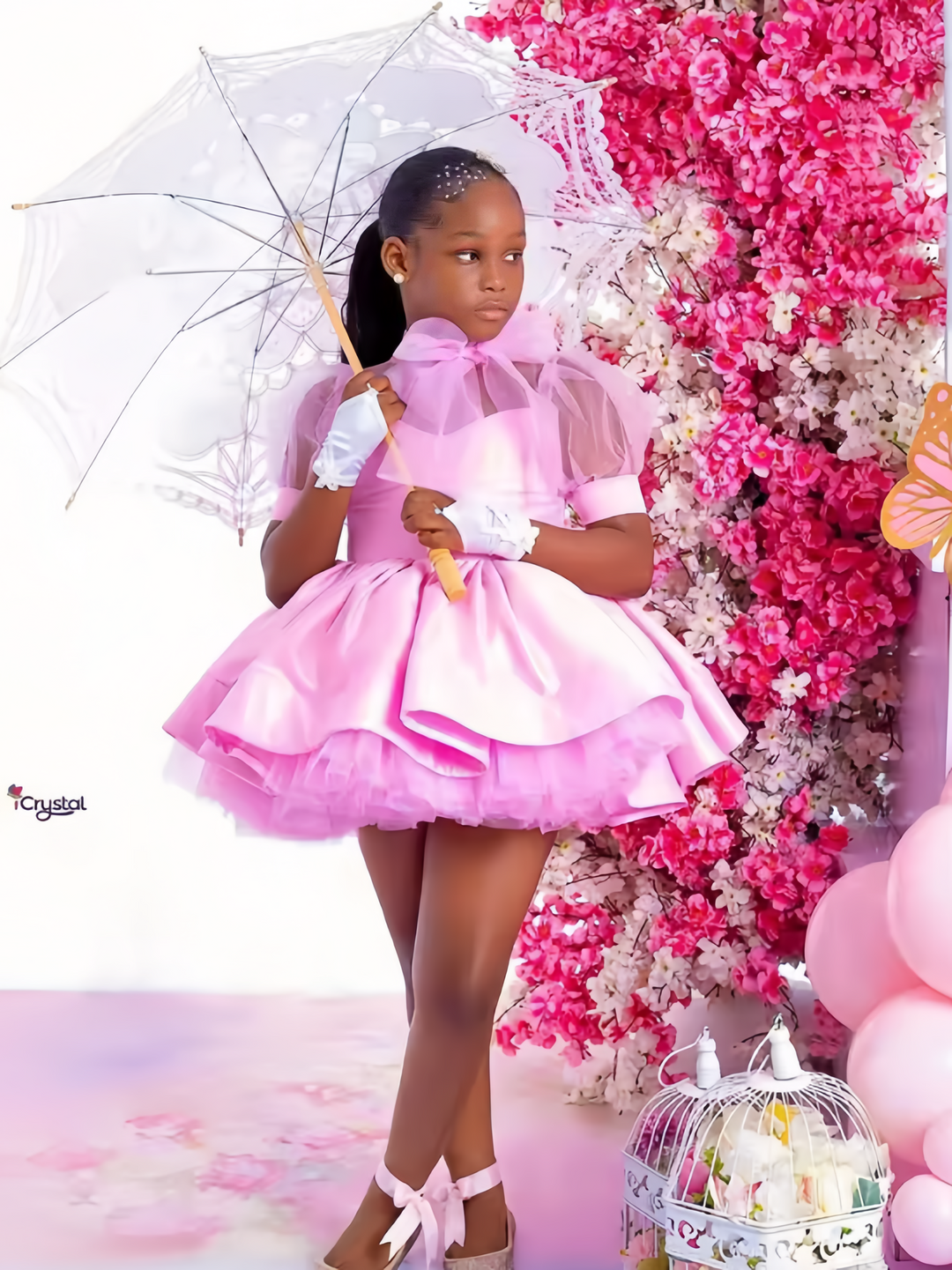 TinyTulle Pink Satin Sheer Sweetheart Princess Flower Girl Dress with Layered Tulle &amp; Bow