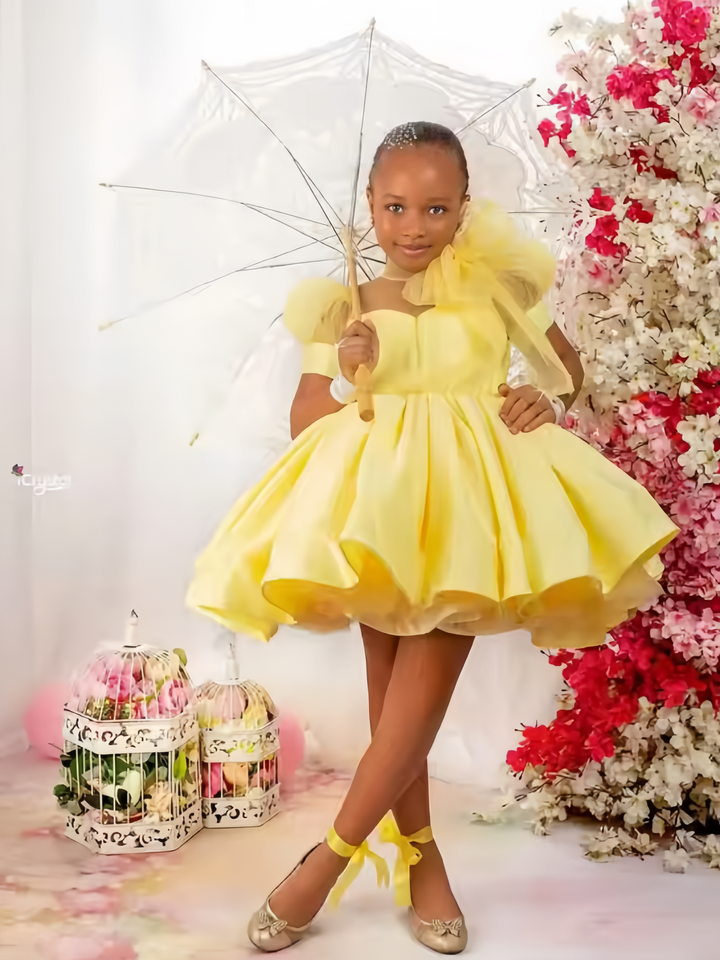 TinyTulle Pink Satin Sheer Sweetheart Princess Flower Girl Dress with Layered Tulle &amp; Bow
