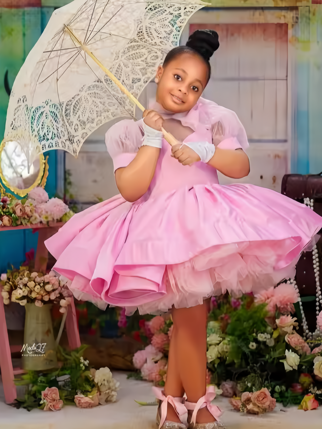 TinyTulle Pink Satin Sheer Sweetheart Princess Flower Girl Dress with Layered Tulle &amp; Bow