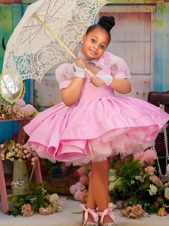 TinyTulle Pink Satin Sheer Sweetheart Princess Flower Girl Dress with Layered Tulle &amp; Bow