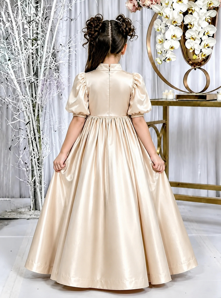 TinyTulle Elegant Champagne Satin Puff Sleeve Flower Girl Dress for Special Occasions