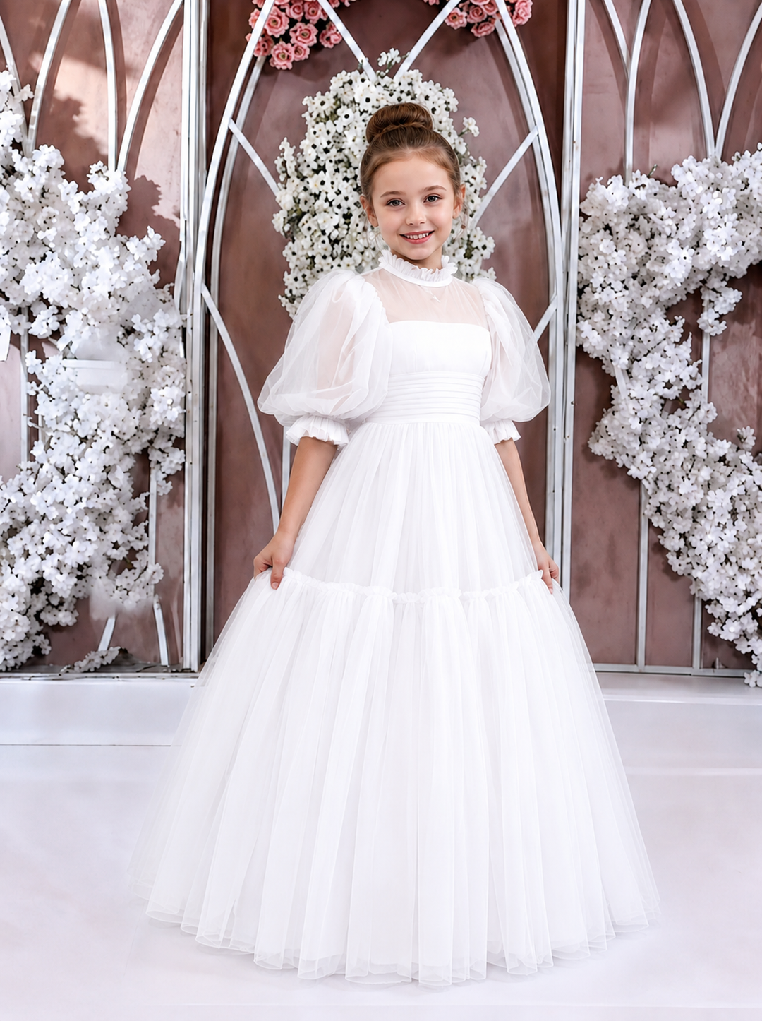 TinyTulle Elegant Emerald Green Tulle High Neck Puff Sleeve Tiered Flower Girl Dress