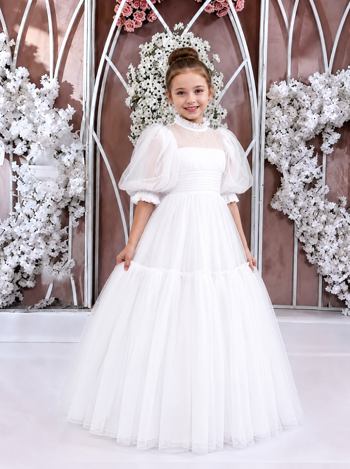 TinyTulle Elegant Emerald Green Tulle High Neck Puff Sleeve Tiered Flower Girl Dress
