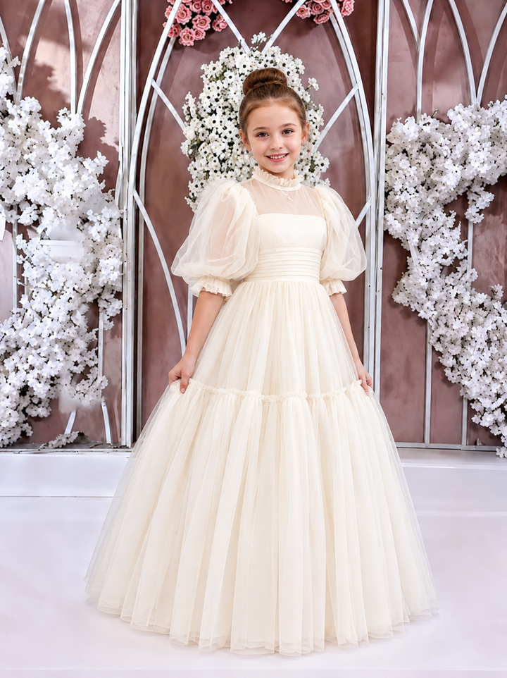 TinyTulle Elegant Emerald Green Tulle High Neck Puff Sleeve Tiered Flower Girl Dress