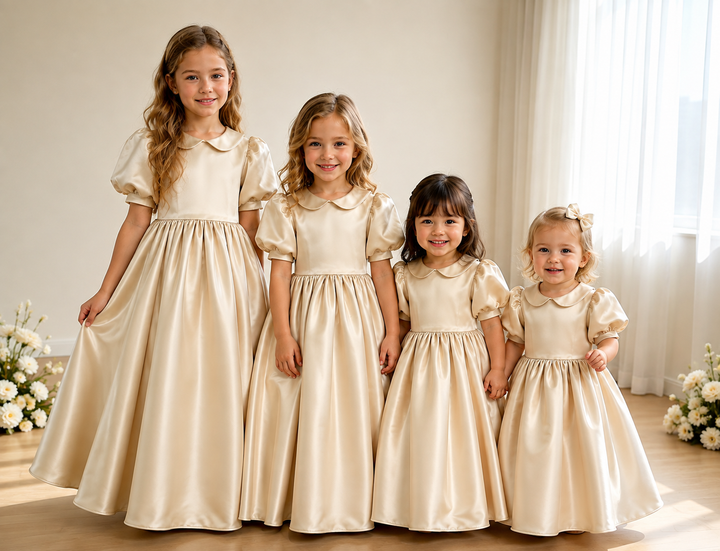 TinyTulle Elegant Champagne Satin Puff Sleeve Flower Girl Dress with Gathered Waist