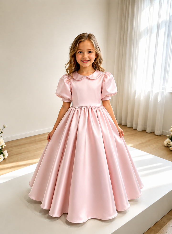 TinyTulle Elegant Champagne Satin Puff Sleeve Flower Girl Dress with Gathered Waist