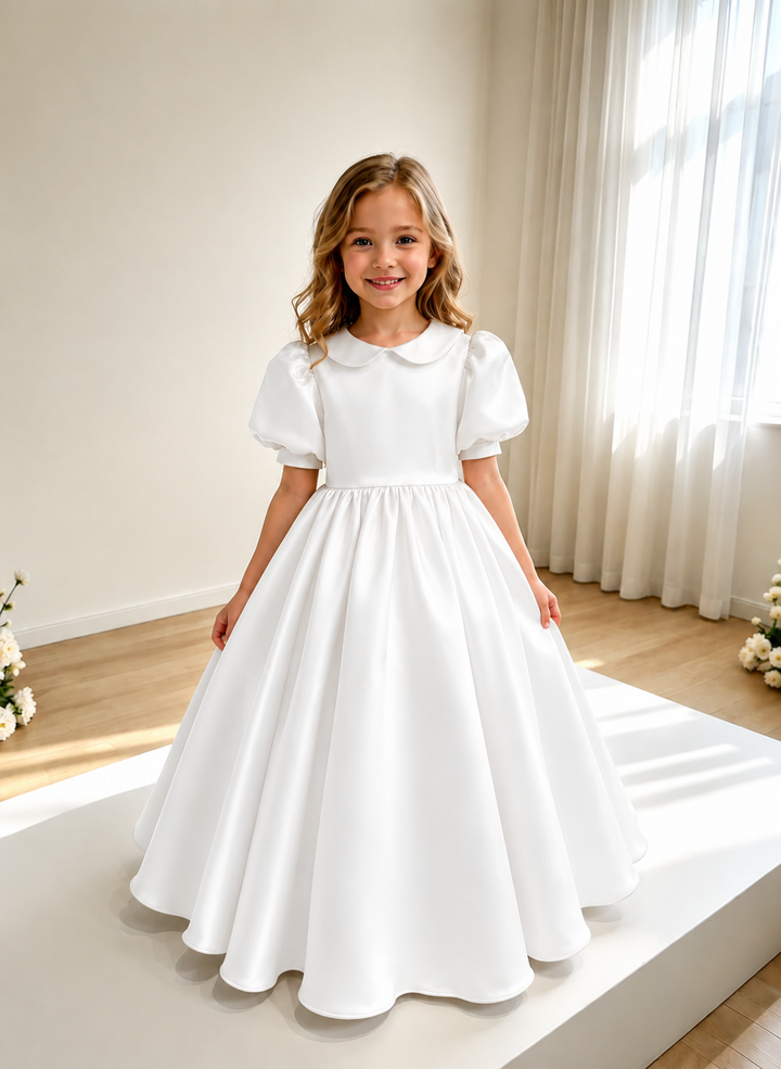 TinyTulle Elegant Champagne Satin Puff Sleeve Flower Girl Dress with Gathered Waist