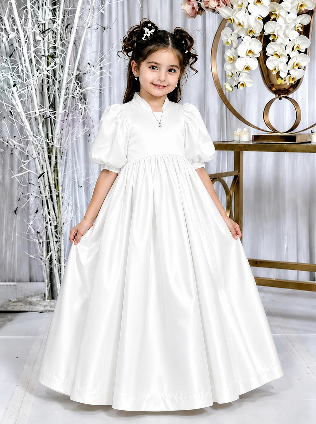TinyTulle Elegant Champagne Satin Puff Sleeve Flower Girl Dress for Special Occasions