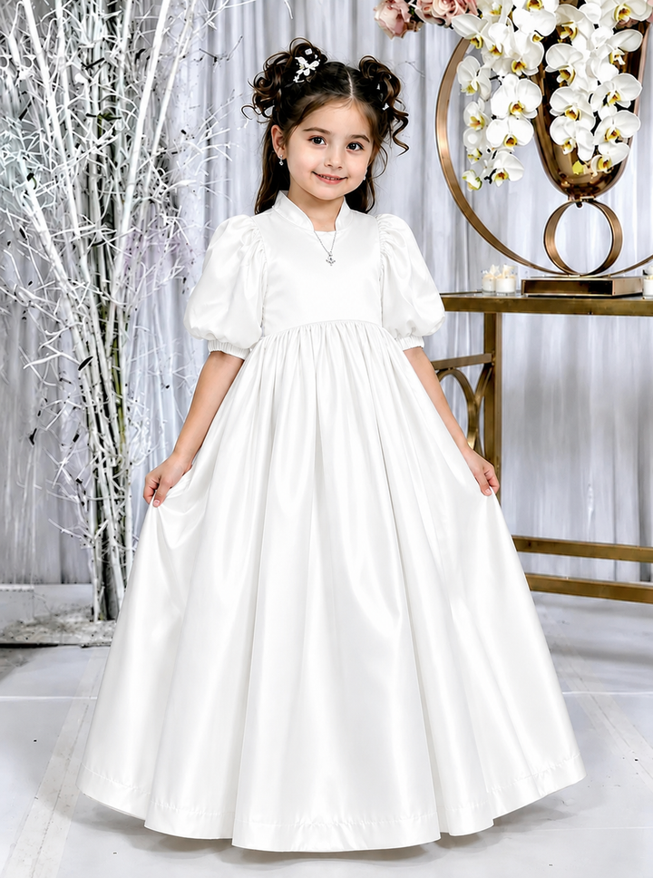 TinyTulle Elegant Champagne Satin Puff Sleeve Flower Girl Dress for Special Occasions