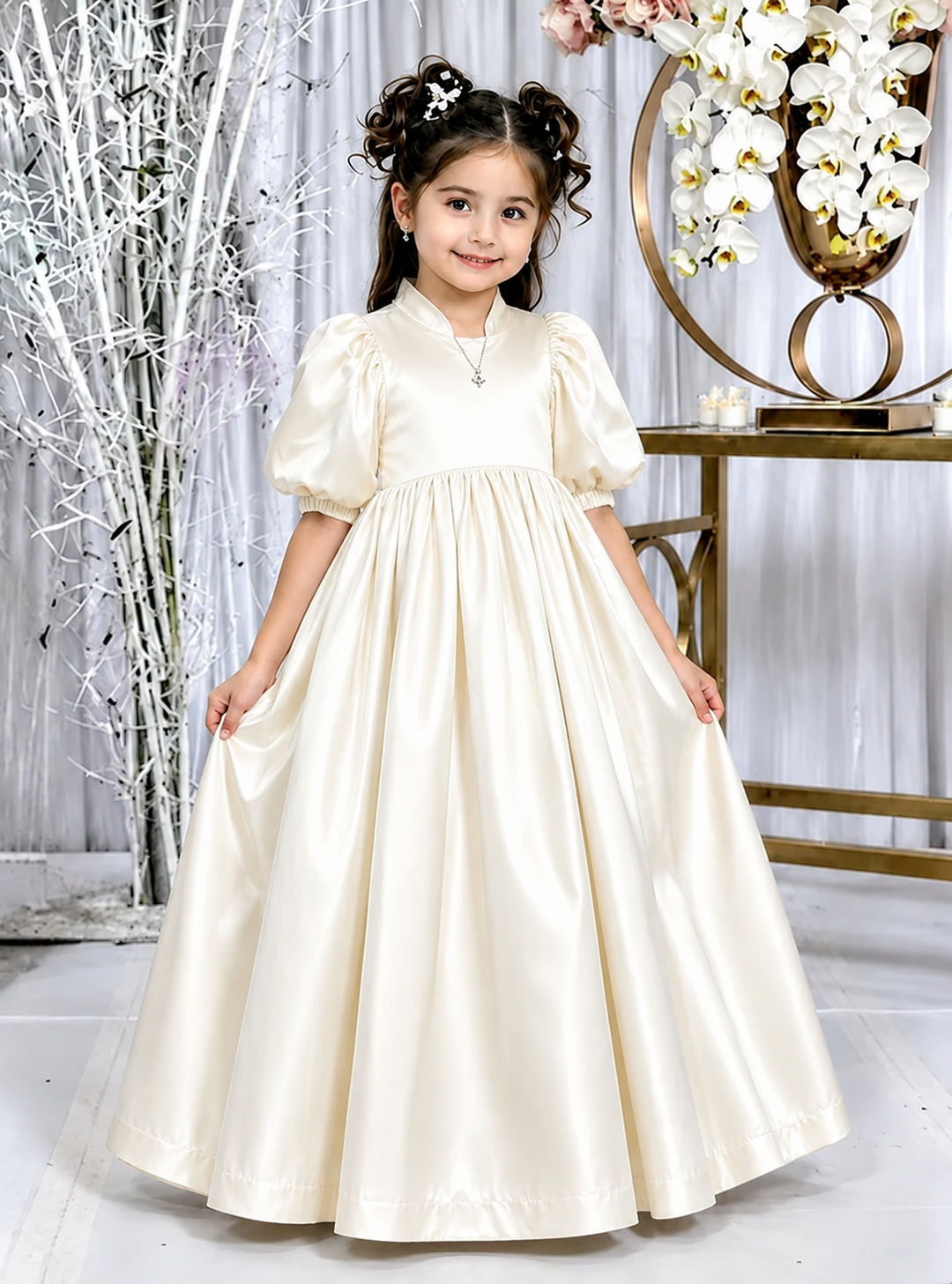 TinyTulle Elegant Champagne Satin Puff Sleeve Flower Girl Dress for Special Occasions