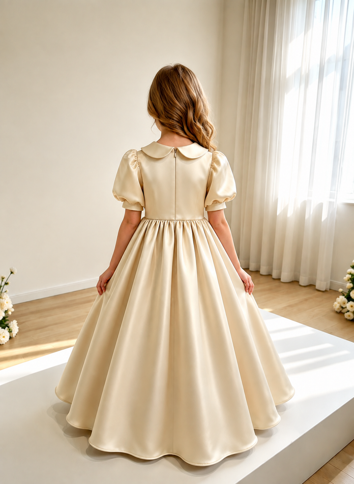 TinyTulle Elegant Champagne Satin Puff Sleeve Flower Girl Dress with Gathered Waist