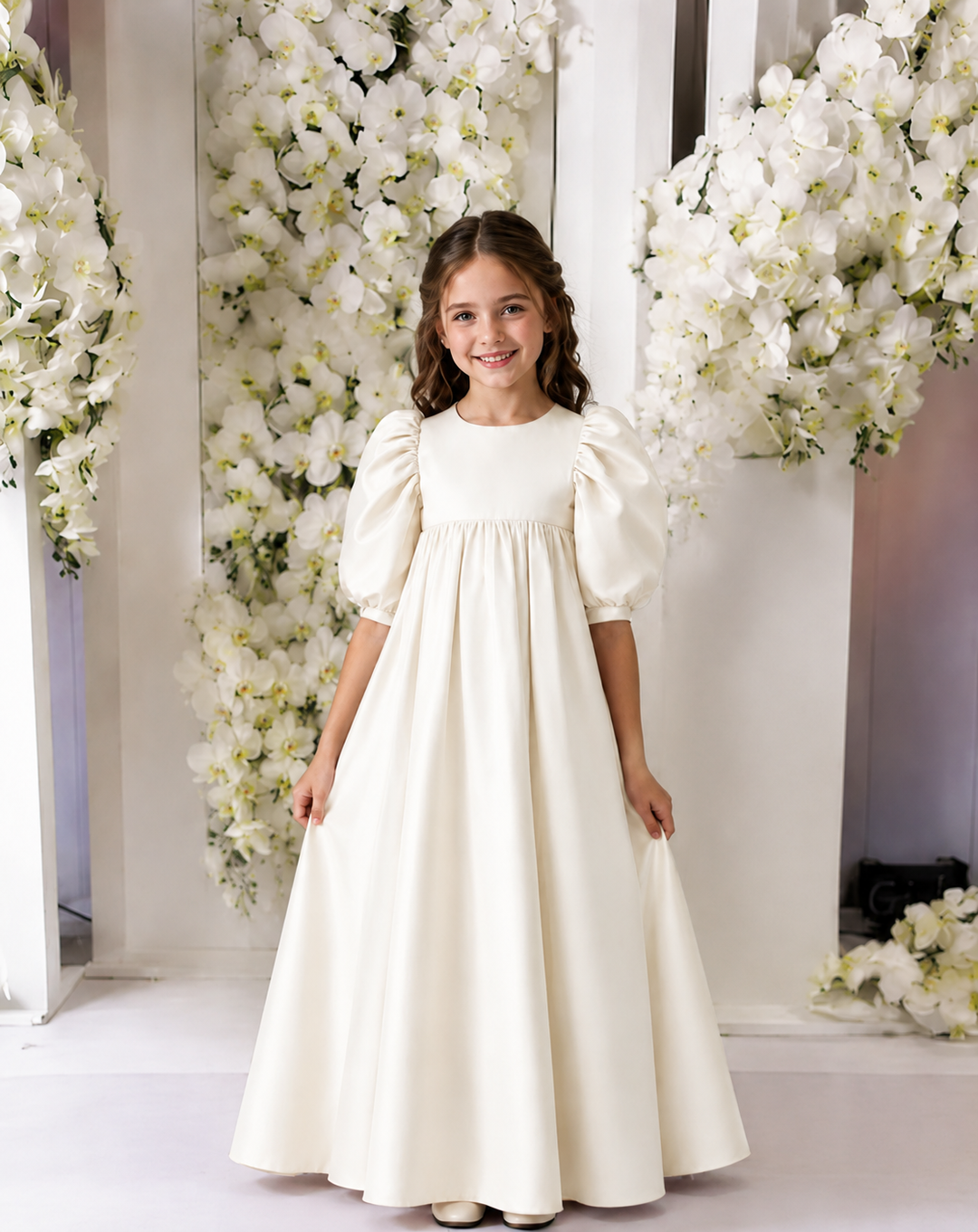 TinyTulle Elegant Pink Satin High-Waisted Puff Sleeve Flower Girl Dress with Bow Detail