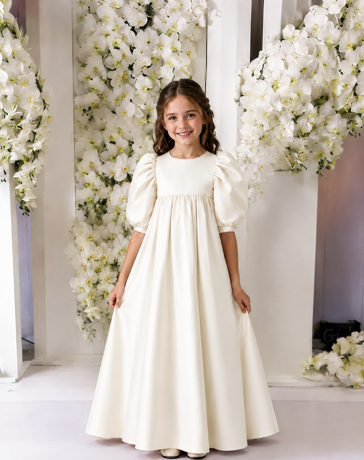 TinyTulle Elegant Pink Satin High-Waisted Puff Sleeve Flower Girl Dress with Bow Detail