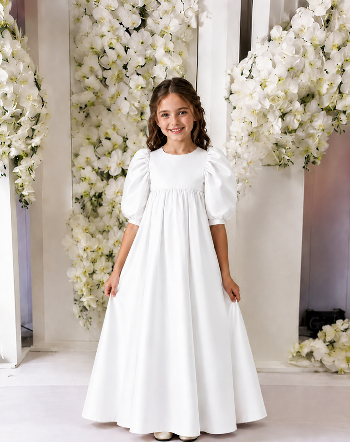 TinyTulle Elegant Pink Satin High-Waisted Puff Sleeve Flower Girl Dress with Bow Detail