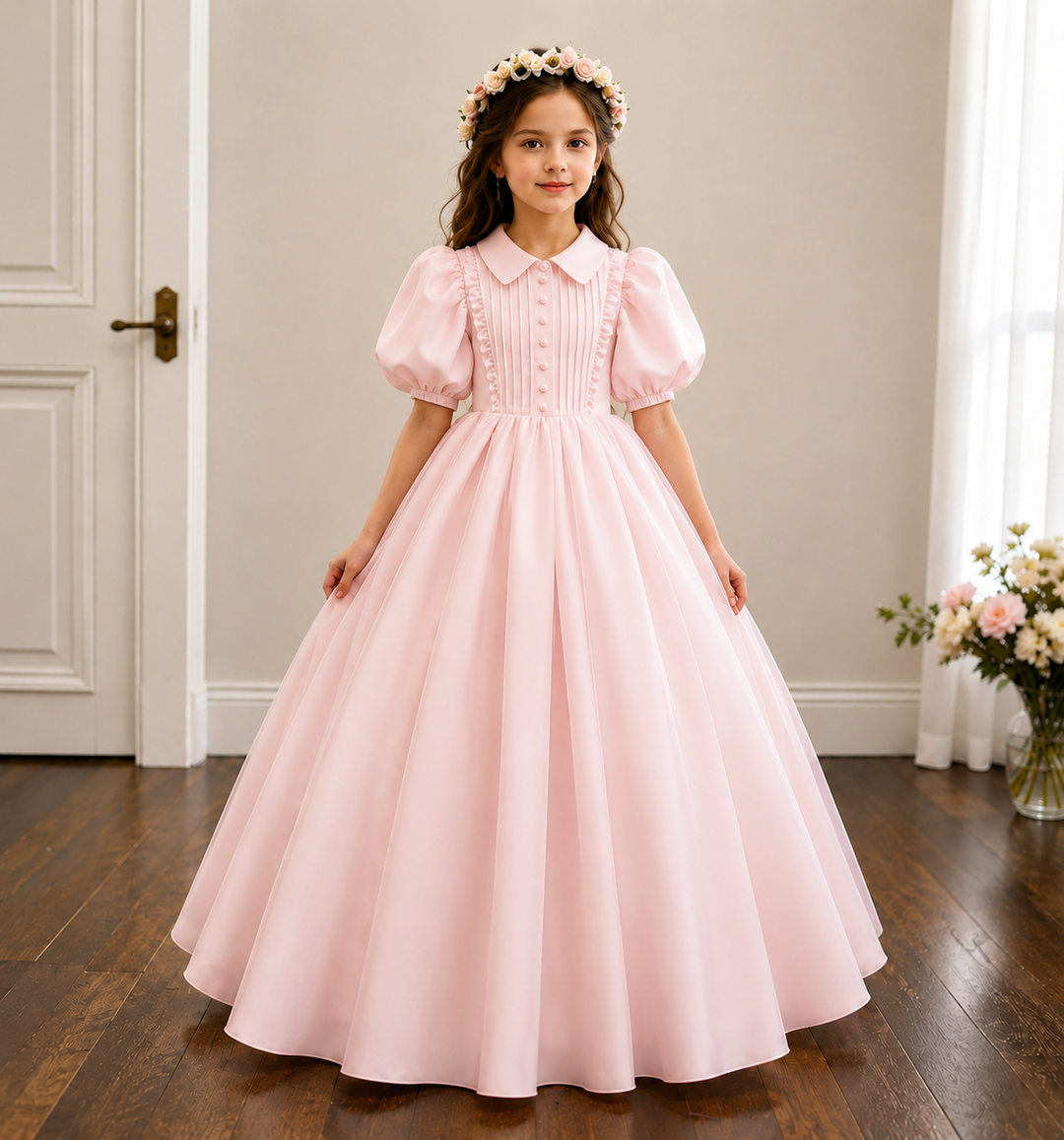 TinyTulle Elegant Ivory Puff Sleeves Ball Gown Flower Girl Dress for Wedding