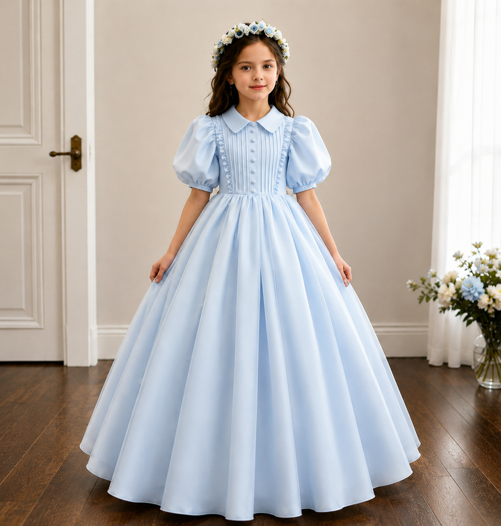 TinyTulle Elegant Ivory Puff Sleeves Ball Gown Flower Girl Dress for Wedding