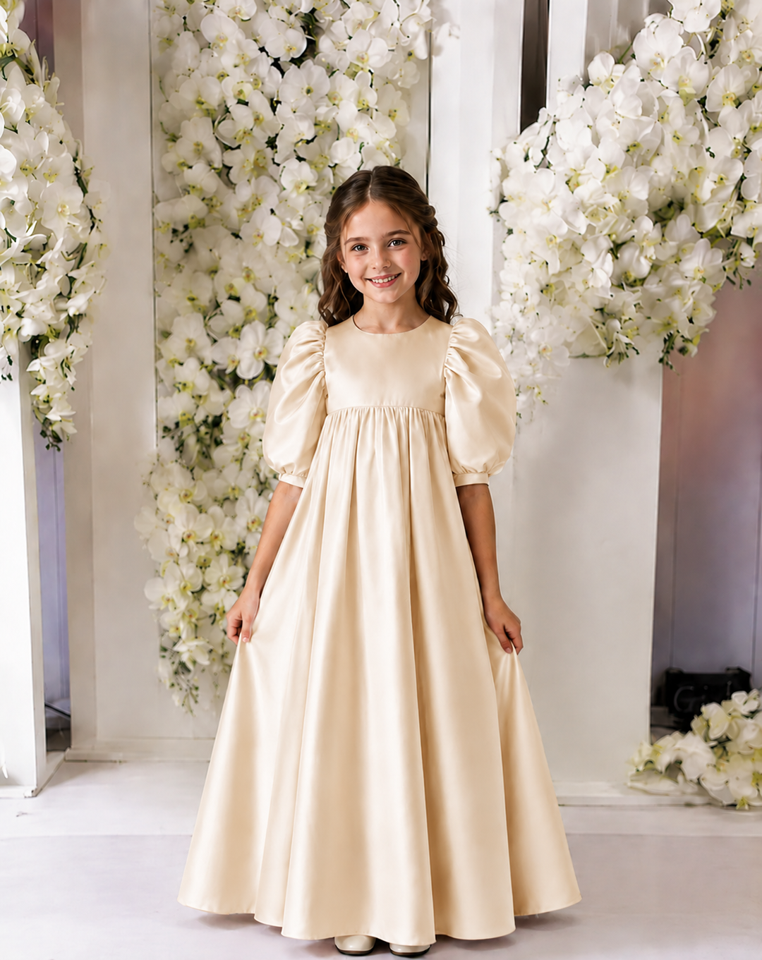 TinyTulle Elegant Pink Satin High-Waisted Puff Sleeve Flower Girl Dress with Bow Detail