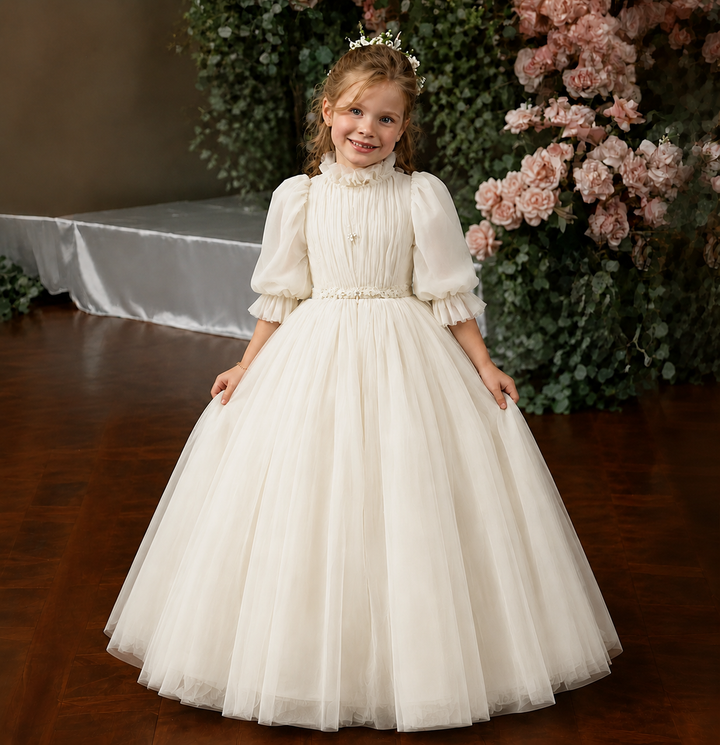 TinyTulle Elegant Blue Puff Sleeve Tulle Flower Girl Dress with High Neck &amp; Princess Skirt