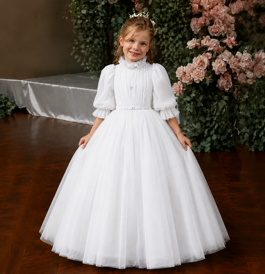 TinyTulle Elegant Blue Puff Sleeve Tulle Flower Girl Dress with High Neck &amp; Princess Skirt