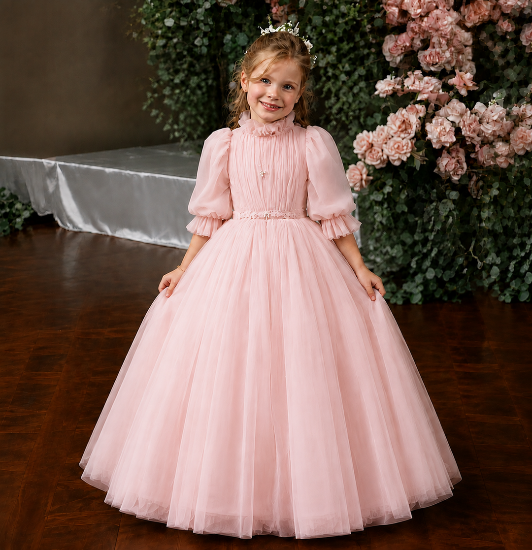 TinyTulle Elegant Blue Puff Sleeve Tulle Flower Girl Dress with High Neck &amp; Princess Skirt